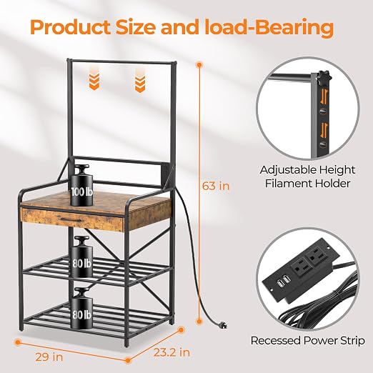3D Printer Stand with Power Hub and Top Storage Shelf – Heavy Duty X-Bracket - Image 2