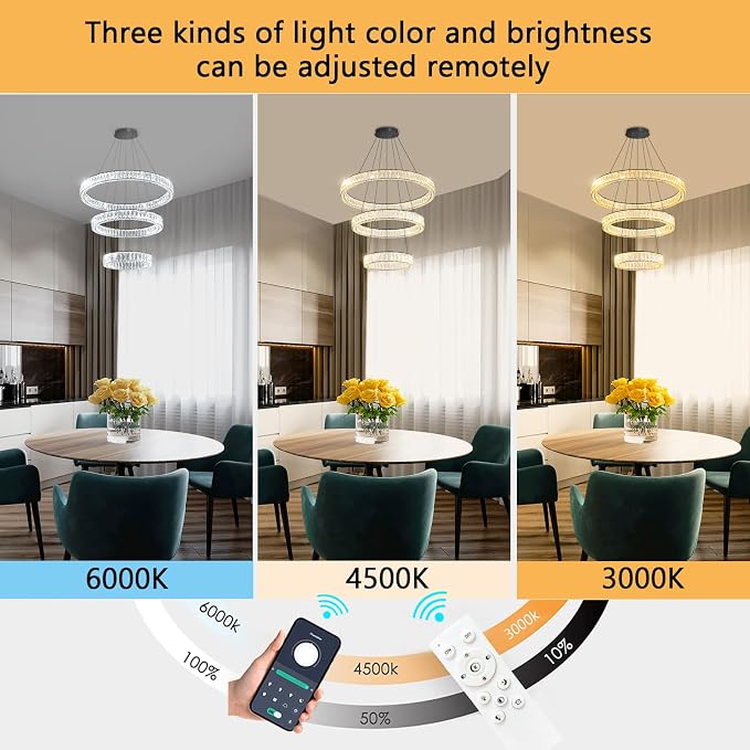 HAIXIANG Modern Glam Chandelier Crystal LED Remote Rings Chandelier Adjustable - Image 4