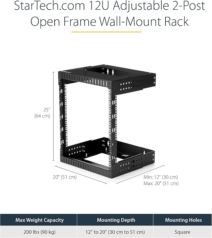 StarTech.com 2-Post 12U Heavy-Duty Wall Mount Network Rack, Wall Mount Data Rack - Image 2