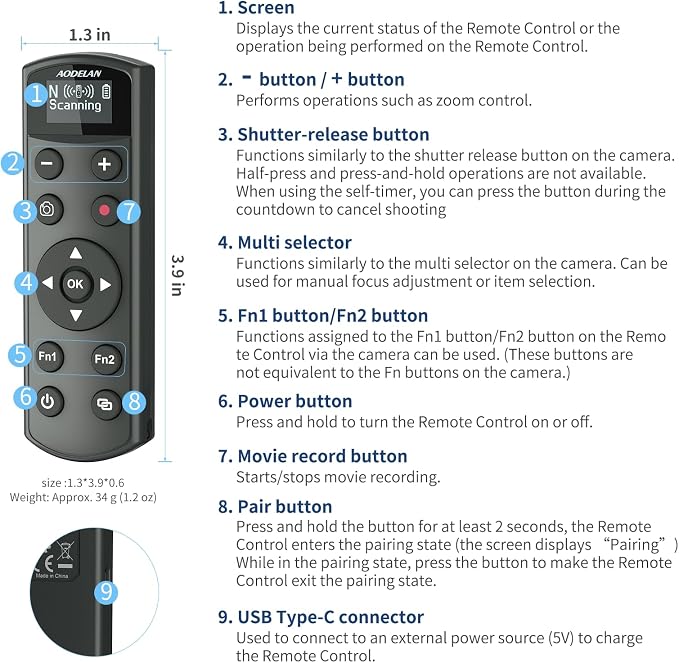 Rechargeable Shutter Release for Nikon AODELAN Wireless Camera Remote Control - Image 5