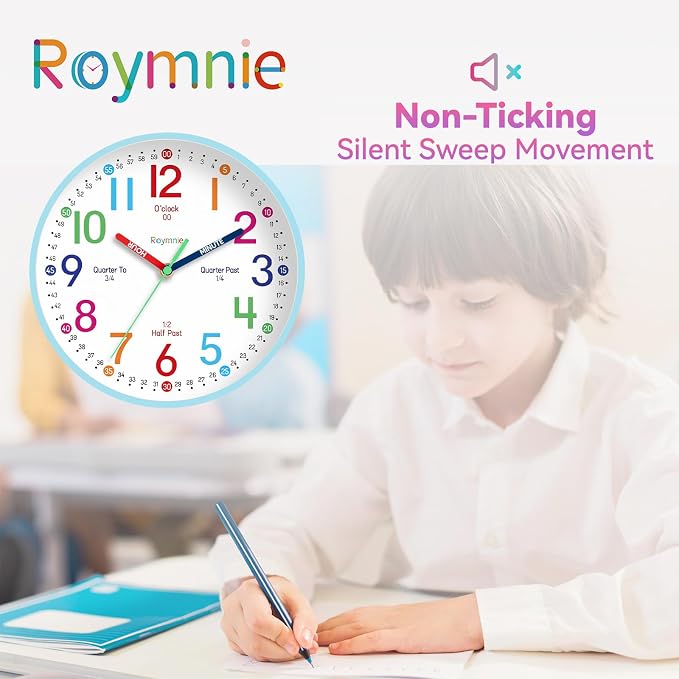 Roymnie Wall Clock 8 Inch for Kids Learning to Tell Time Easily Non Ticking - Image 3