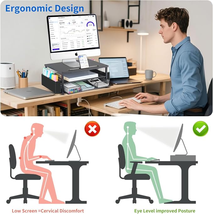 AUPSEN Wood Computer Monitor Stand Riser, 2-Tier Black Desk Organizer - Image 2