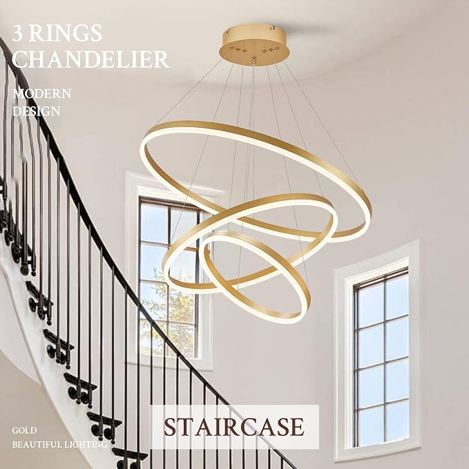 3-Rings Modern LED Chandelier Gold, Dimmable Pendant Lighting - Image 9