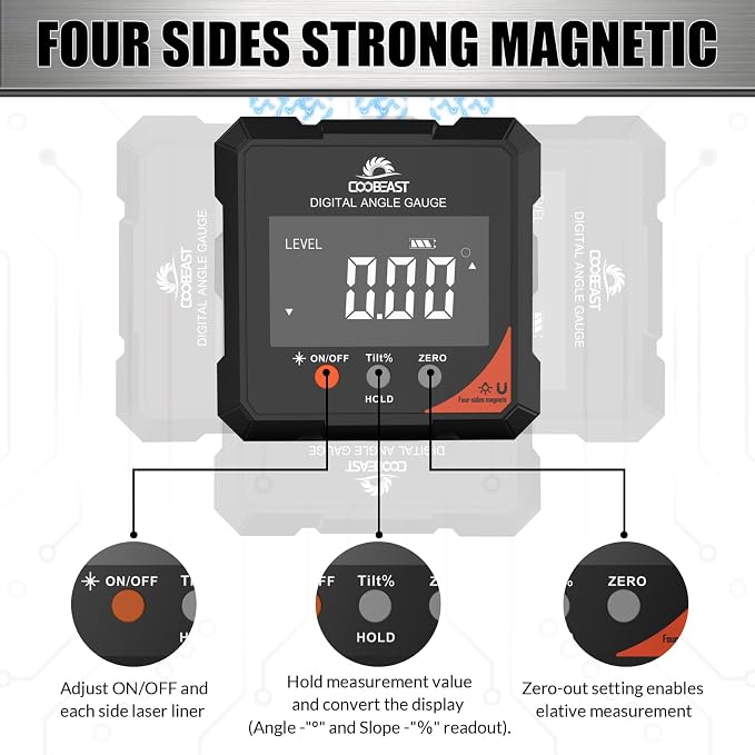 Digital Angle Finder with Laser, 4-Side Magnetic Digital Angle Gauge, - Image 3