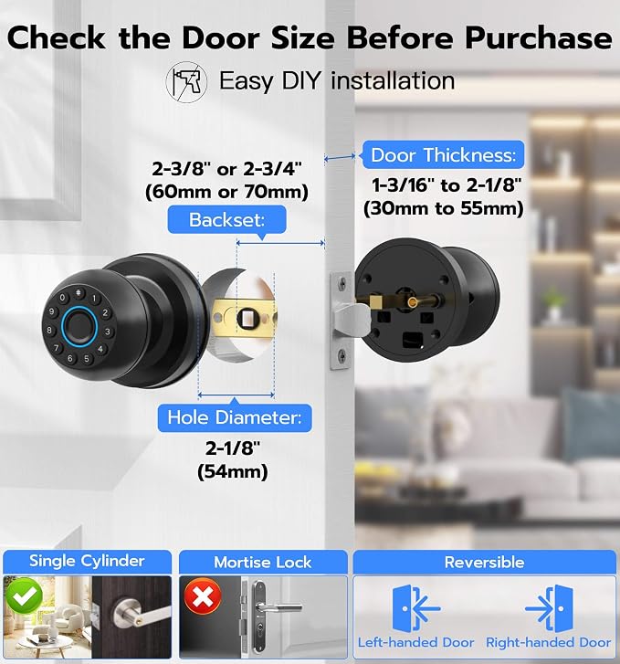 Anweller Smart Door Knob with Lock, Fingerprint Code Keypad Keyless Entry - Image 5