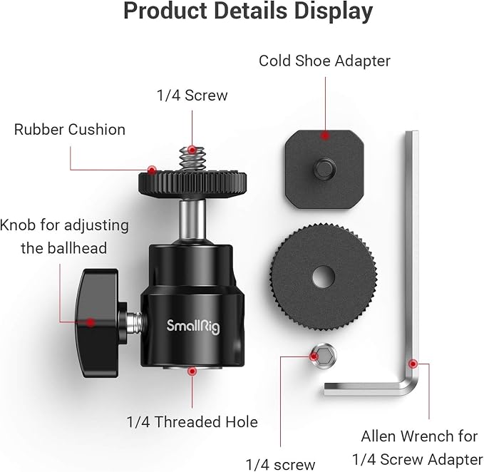 SmallRig 1/4" Camera Hot Shoe Mount, Ballhead Tripod - Image 5