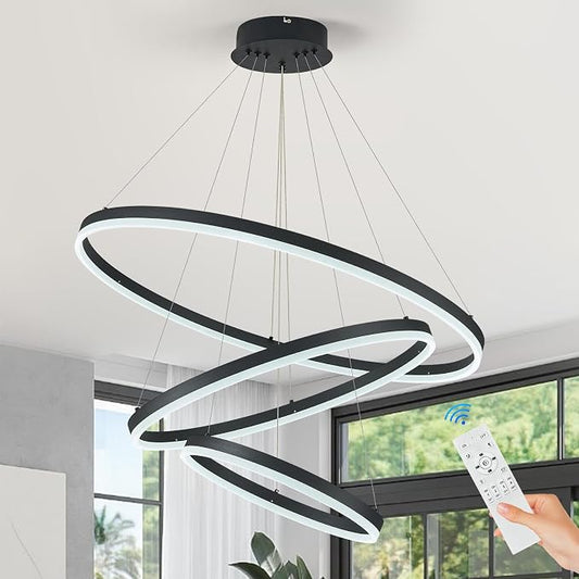 3-Rings Modern LED Chandelier Black, Dimmable Pendant Lighting by Sparklelf