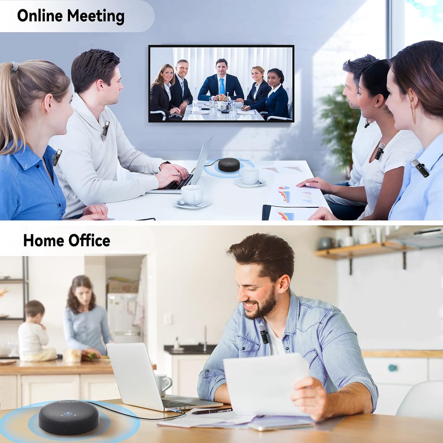 Conference Speaker and Microphone, USB Speakerphone with 10 Mics, 360° Pickup&Noise Reduction, Portable Conference Room Omnidirectional Microphone for 10 Compatible with Leading Platforms