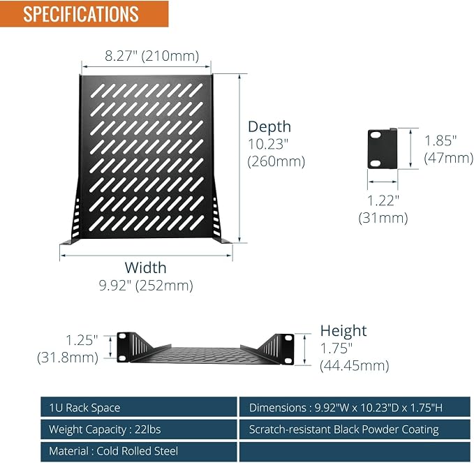 Tecmojo 1U Rack Mount Shelf for 10" Server Rack, 10.23" Deep Vented Cantilever - Image 4
