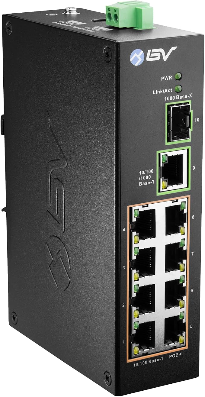 BV-Tech 8-Port Industrial PoE+ Switch | 2X 90W BT, Gigabit Uplink & SFP | PoE by BV-Tech