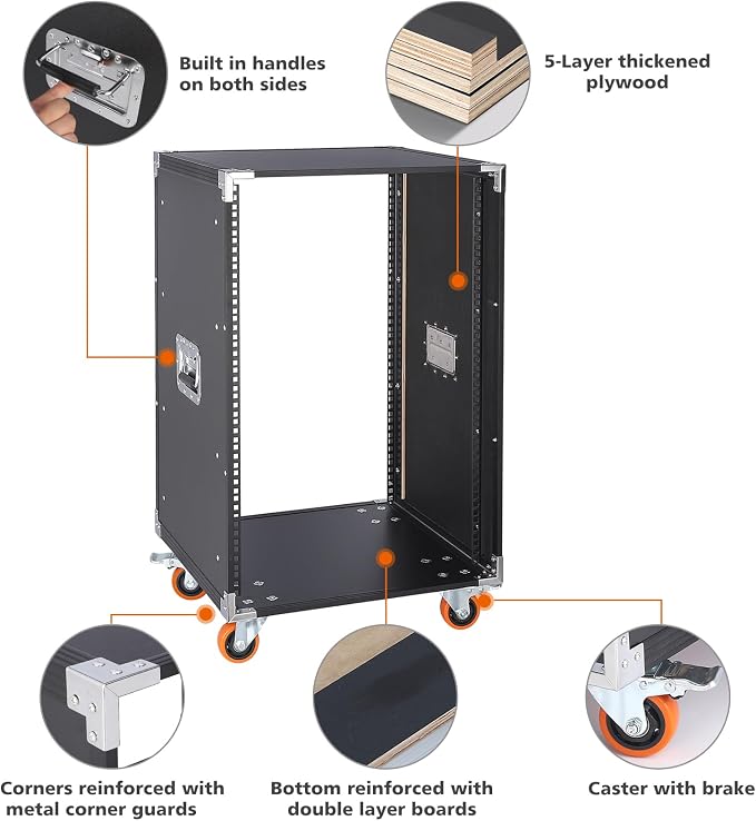 Movable AV Gear Rack 16U 19in Mobile Floor Standing Network Device Storage - Image 4