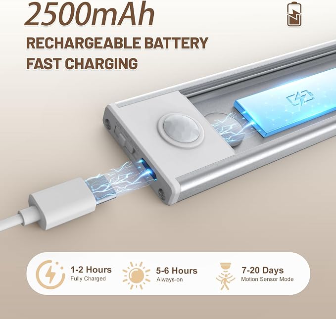 6 Pack Under Cabinet Lighting Wireless, 50 LED Rechargeable Battery Motion - Image 5