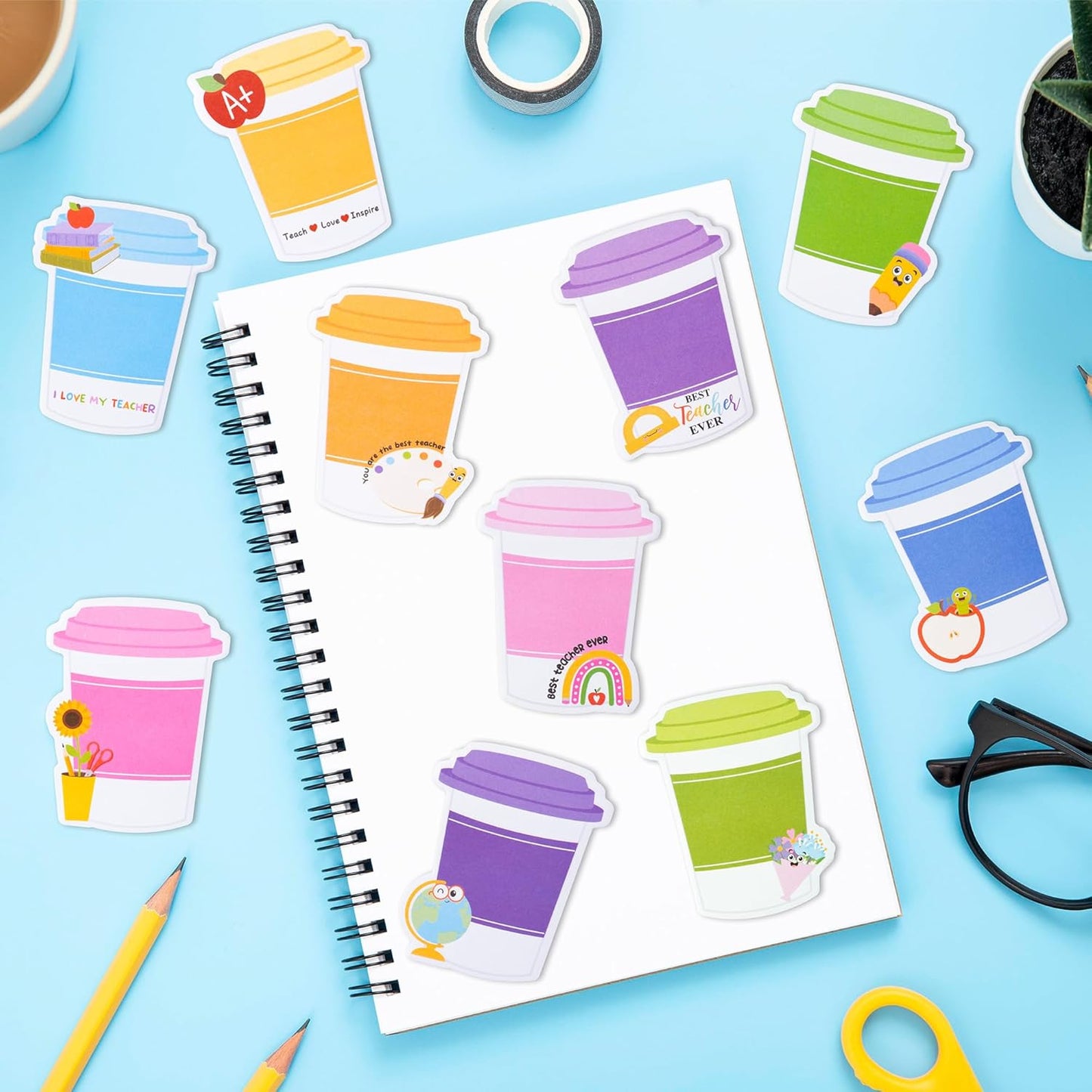 Xqumoi 30 Pack Teacher Sticky Notes - Funny Coffee Cup Self Sticky Notepads Writing Memo Pads for Teacher Appreciation Back to School Office Supplies Coffee Lover Gift Party Favors Goodies Bag Fillers
