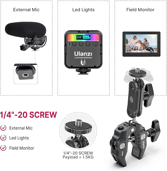 ULANZI Super Clamp Camera Clamp Mount Monitor 360° Ballhead Magic Arm Double - Image 8