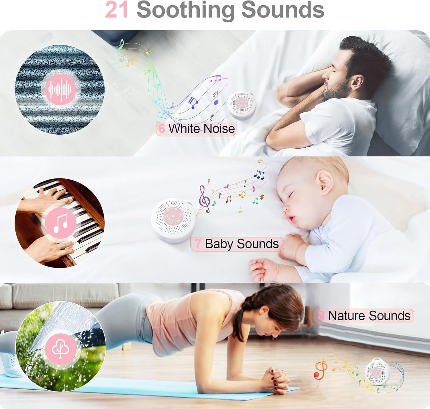 White Noise Machine, Portable Sound Machine with 2000mAh Battery, 21 Soothing Sound Machine for Baby Kids Adults Sleeping, Sound Therapy Sleep Aid with Timer and Child Lock for Home Travel Nursery