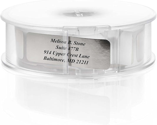 Silver Foil Personalized Return Address Labels with Elegant Dispenser - Roll of 500 Custom Stickers