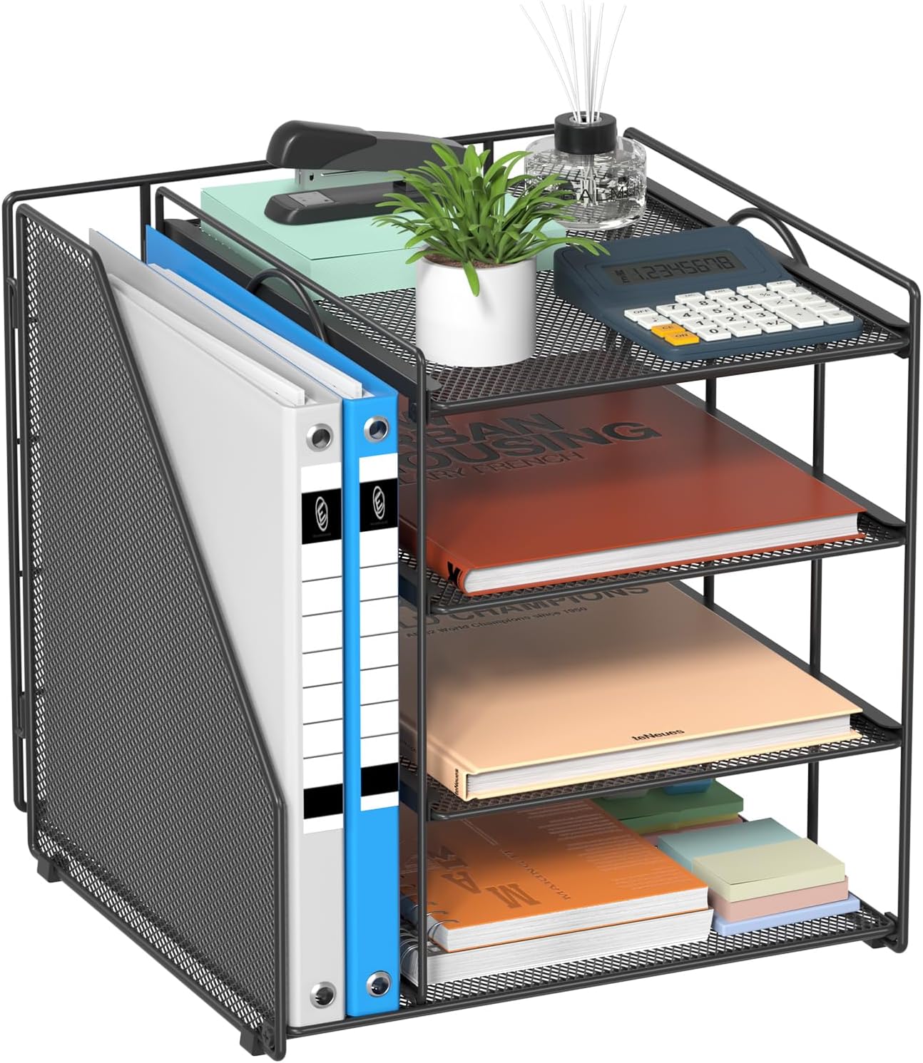 Desk Organizer and Accessories, Paper Organizer for Desk, 4-Tier Paper Letter Tray with File Holder, File Organizers for Office Supplies (Black)