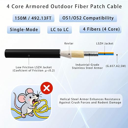 150M/492FT Outdoor Armored LC to LC Fiber Optic Cable, 4 Core OS2 Single Mode - Image 2