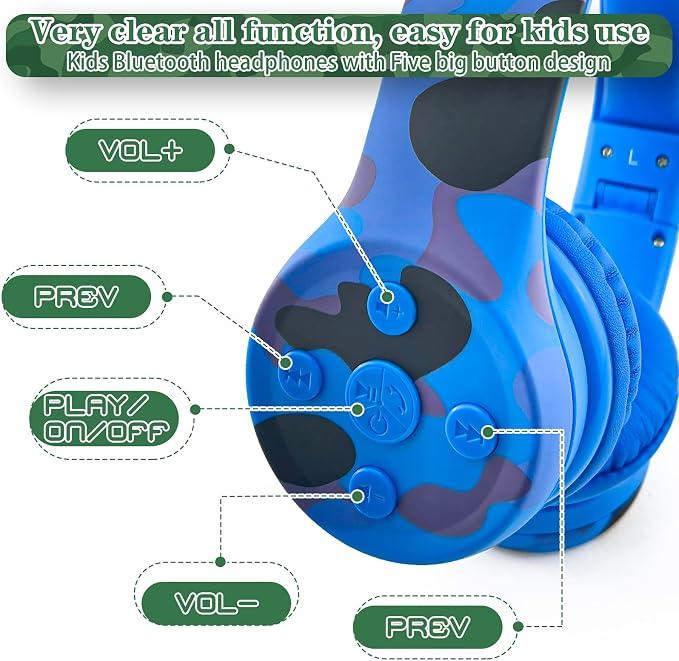 Toddler Headphones Wireless, Kids camo Bluetooth Headphones, 5 Button Easy Use - Image 3