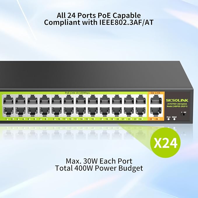 24 Port PoE+ Switch 2 Gigabit Uplink 400W Rack Mount Unmanaged IEEE 802.3af/at - Image 9