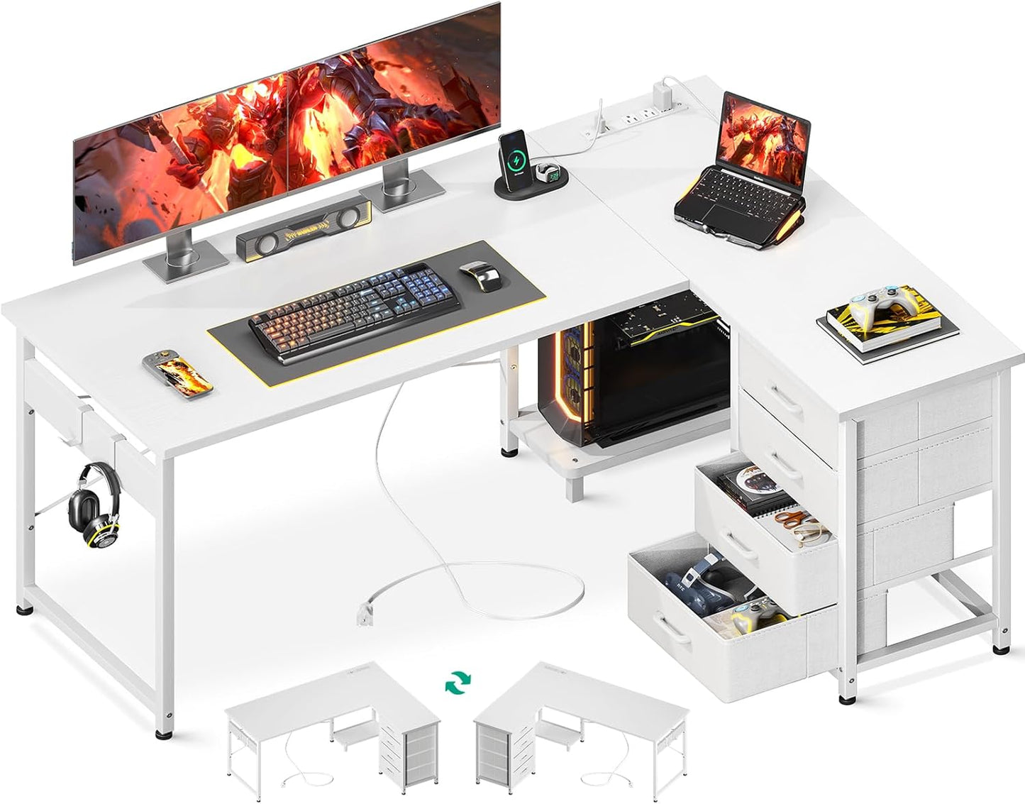 Casaottima L Shaped Desk with 4 Tier Drawers, 53" Gaming Desk with Power Outlets & USB, Reversible L-Shaped Computer Desk with CPU Stand, Home Office Corner Desk with Storage, Easy Assemble, White
