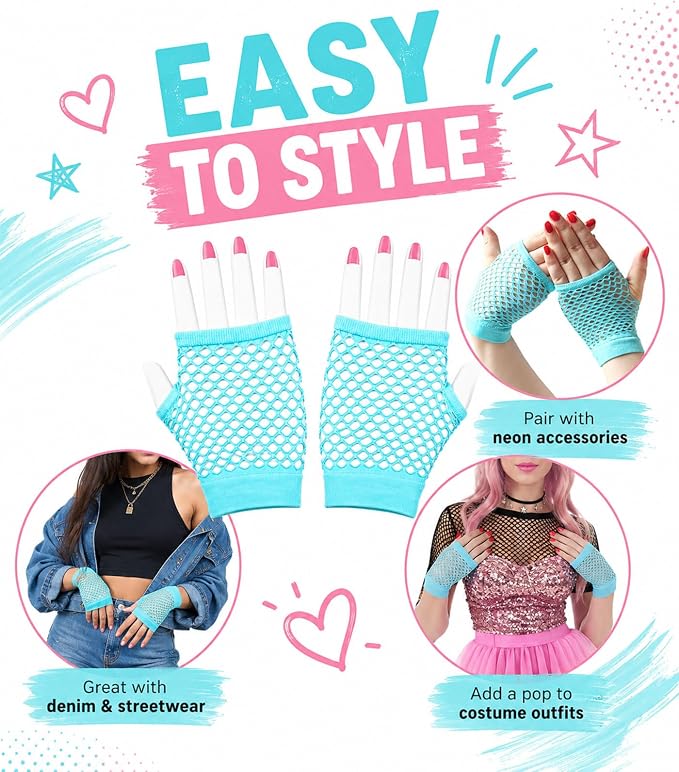 Seeksmile Women's Girls 80's Theme Party Emo Fingerless Arm Fishnet Gloves - Image 6