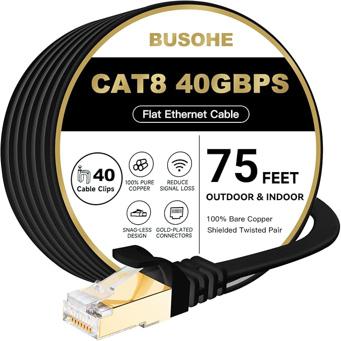 BUSOHE Cat 8 Ethernet Cable 75 FT, 40Gbps 2000MHz Cat8 High Speed Flat Internet by BUSOHE