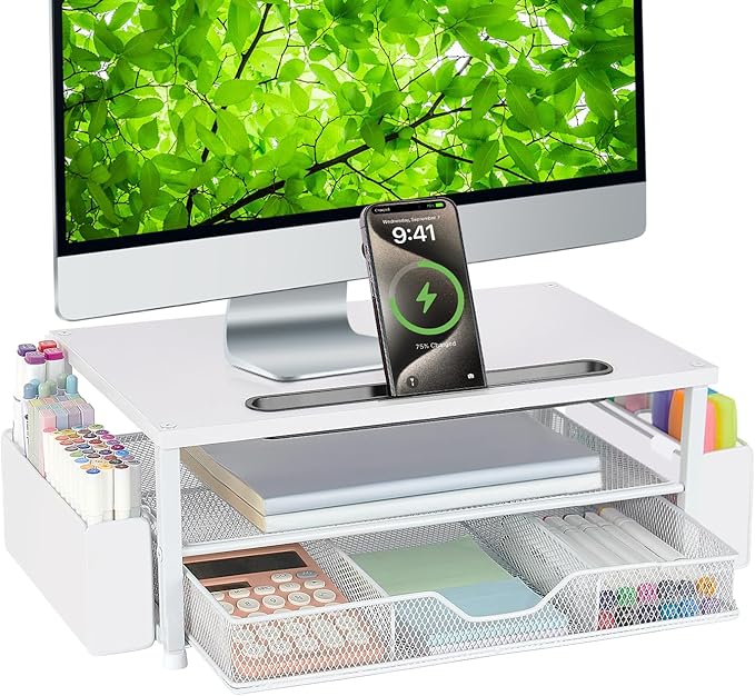 AUPSEN White Monitor Stand Riser, 2-Tier Wood Computer Desk Organizer by AUPSEN