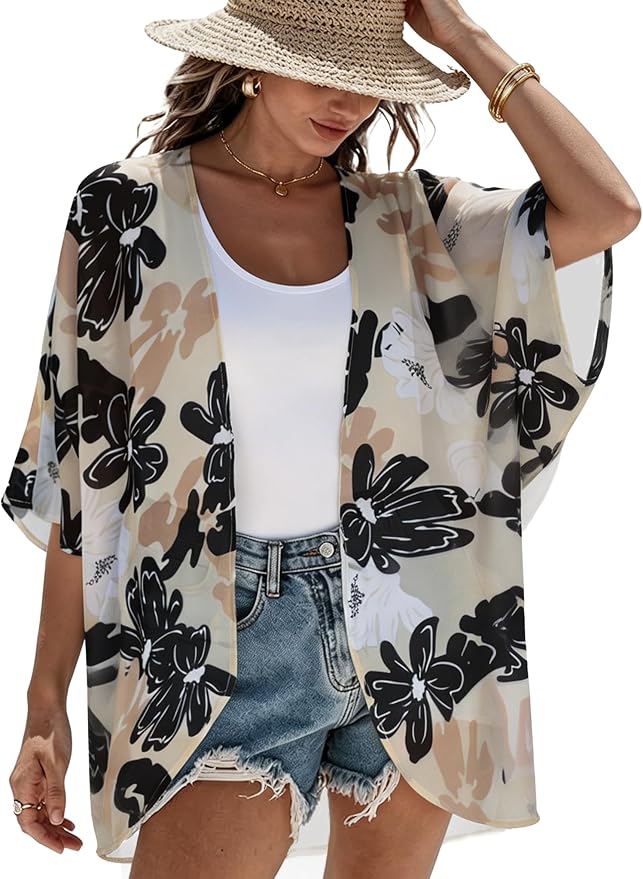 Women's Floral Print Puff Sleeve Kimono Cardigan Loose Cover Up Casual Blouse by CHICGAL