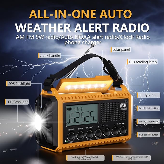 Emergency Radio12000mAh, Weather Radio 6 Ways Powered, Solar Hand Crank Radio - Image 8