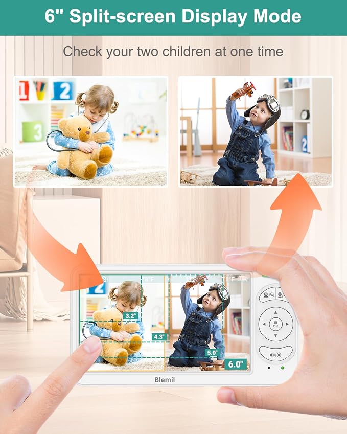 Blemil 6" Baby Monitor with 2 Cameras 4000mAh Battery Upgrade Split Screen - Image 2