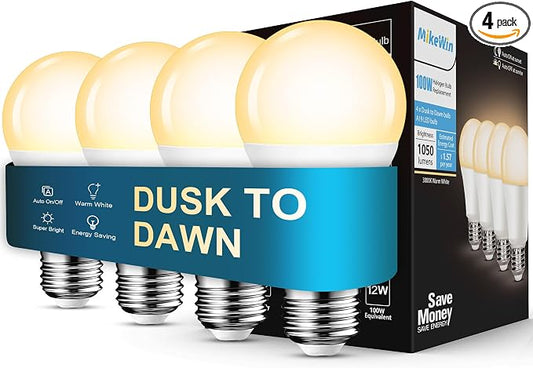 Dusk to Dawn Light Bulbs Outdoor, 3000K Warm White, 12W Auto ON/Off Light by MikeWin