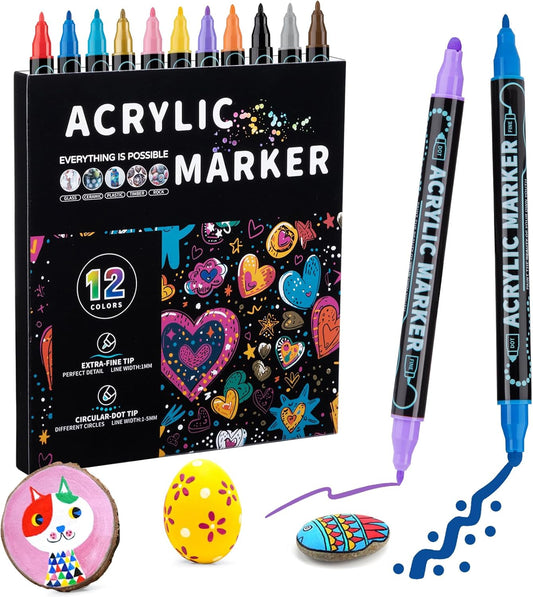 12 Colors Dual Tip Acrylic Marker Paint Pens, Dual Tip Premium Markers for Wood, Rock Painting, Glass, Canvas, Stone, DIY Crafts Making Art Supplies