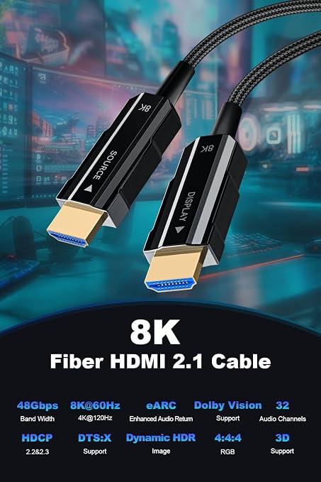 8K HDMI 2.1 Cable 6ft, Fiber Optic HDMI Cable Braided Cord, High Speed Active - Image 3