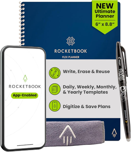 Rocketbook Flex Planner, Reusable Undated Smart, Executive Size 6x8.8 in Navy Blue – Daily, Weekly, Monthly, Annual Calendar, Tasks, Goals, Scheduling, Productivity, App Connected, Erasable, Durable Cover