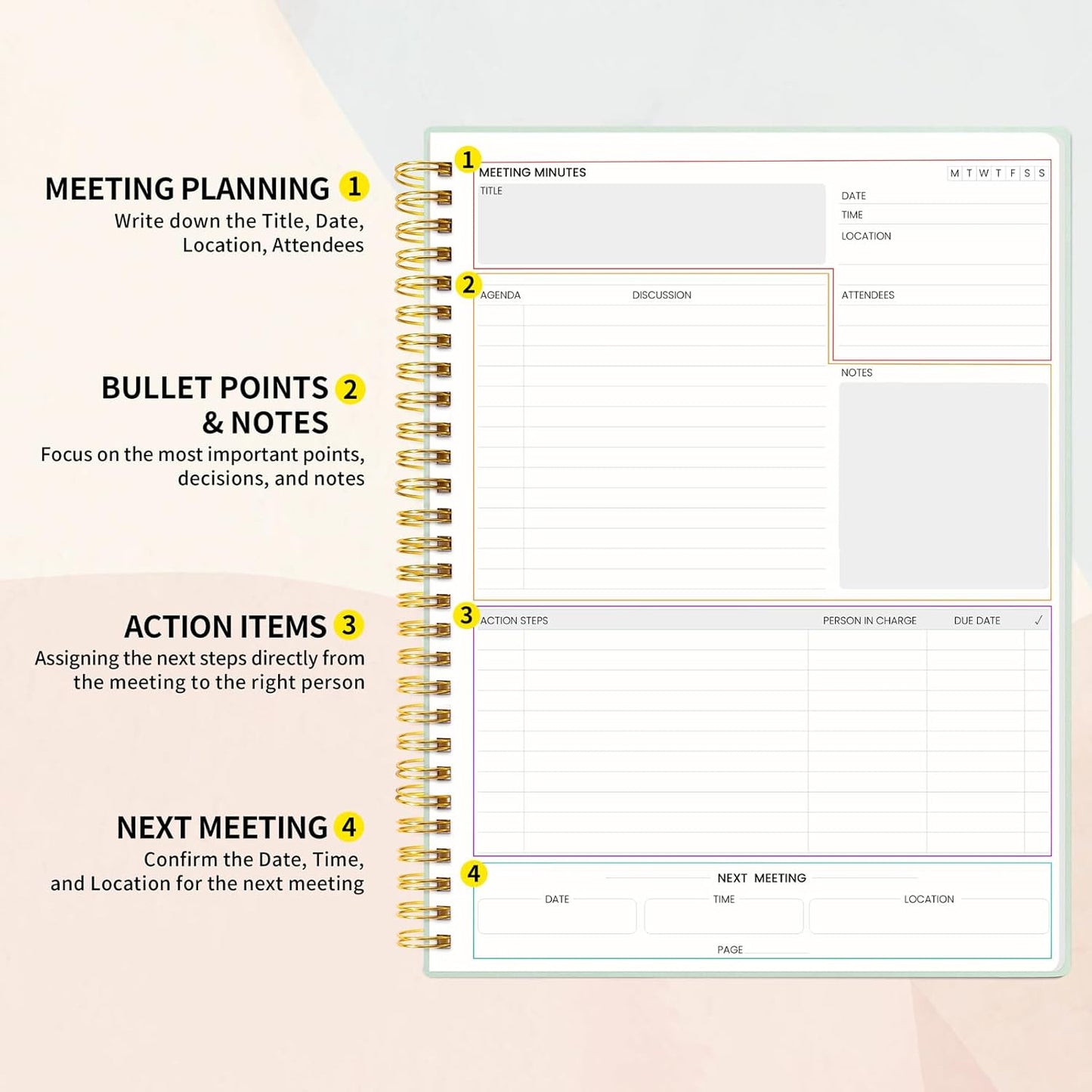 SUNEE Meeting Notebook for Work with Sticky Tabs - 160 Pages, B5 Size Project Planner, Spiral Meeting Agenda/Minutes Notebook Organizer for Women Men, Note Taking, Office & Business,7"x10", Sage Green