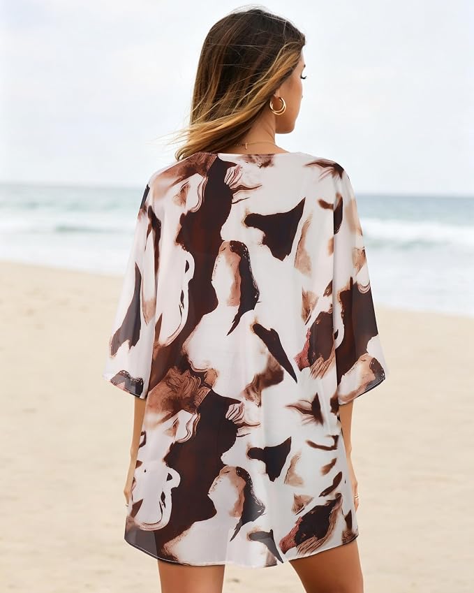 Women's Floral Print Puff Sleeve Kimono Cardigan Loose Cover Up Casual Blouse - Image 6