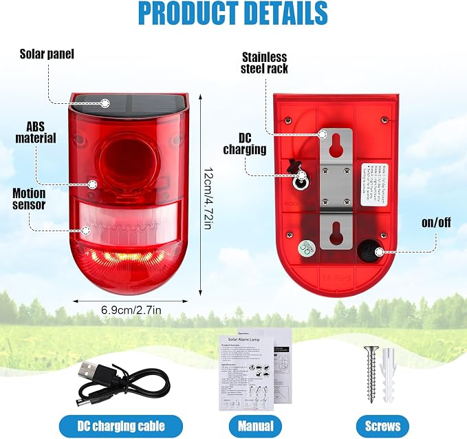 Qualirey Solar Sound and Light Alarm Motion Sensor 129db Outdoor Security Siren - Image 2