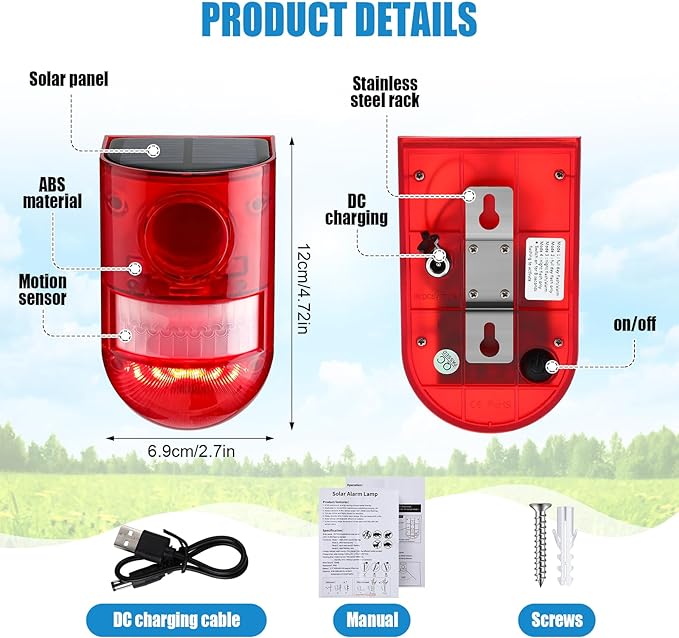Qualirey Solar Sound and Light Alarm Motion Sensor 129db Outdoor Security Siren - Image 2