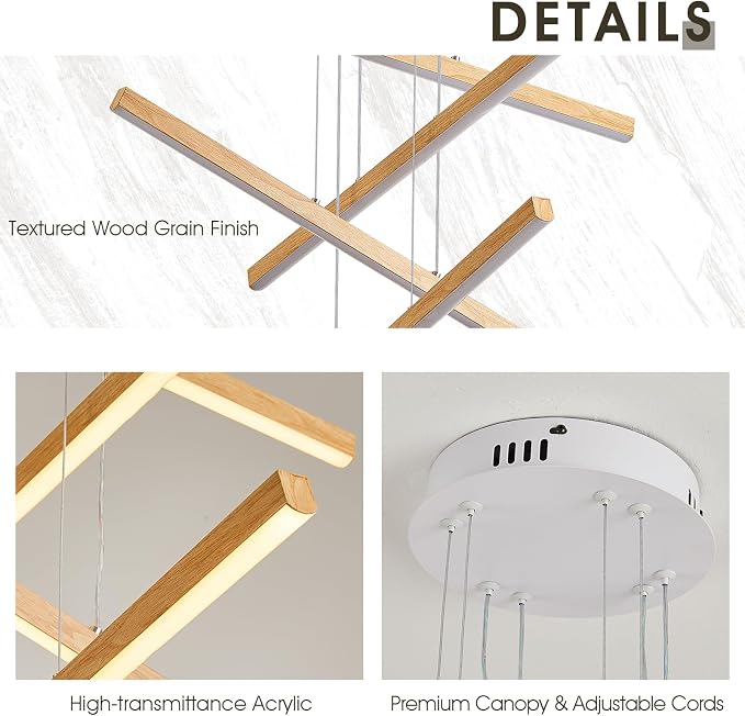 Linear Pendant Light for Dining Room Oak Wood Grain Finish LED 4 Light - Image 6