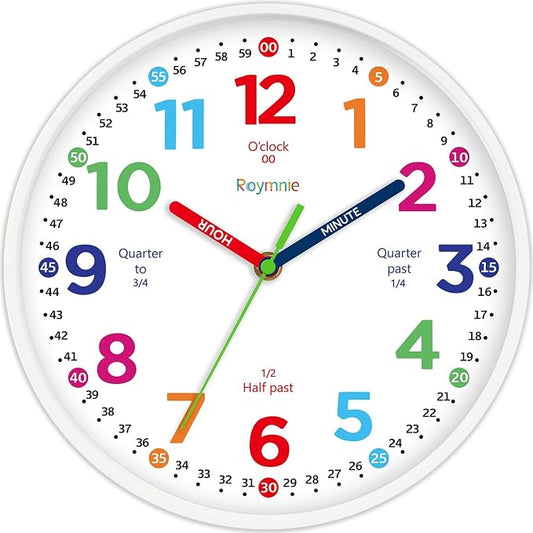 Roymnie12 Inch Wall Clock for Kids Learning to Tell Time Easily Analog Non by Unknown