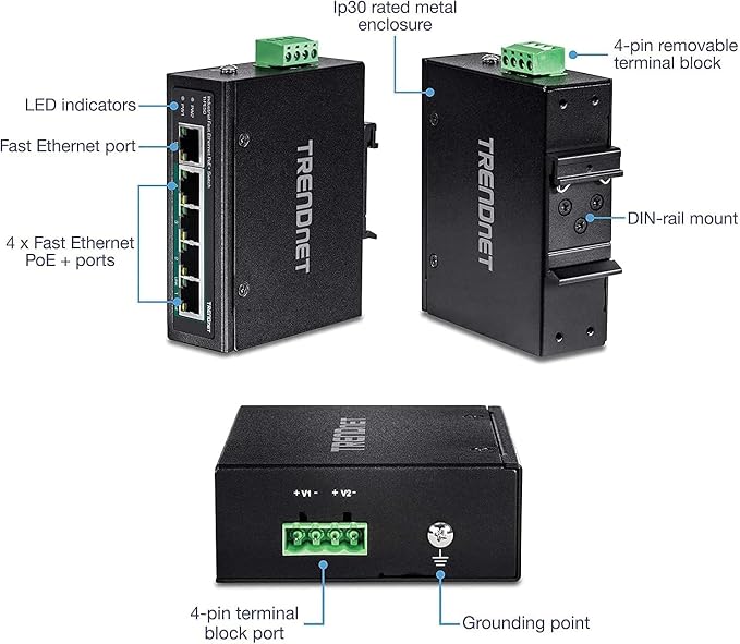 TRENDnet 5-Port Industrial Unmanaged Fast Ethernet PoE+ DIN-Rail Switch - Image 10