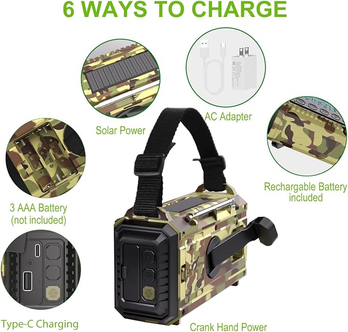 Raynic Weather Radio, 12000mAh Hand Crank Emergency Radio, 6 Ways Powered - Image 4
