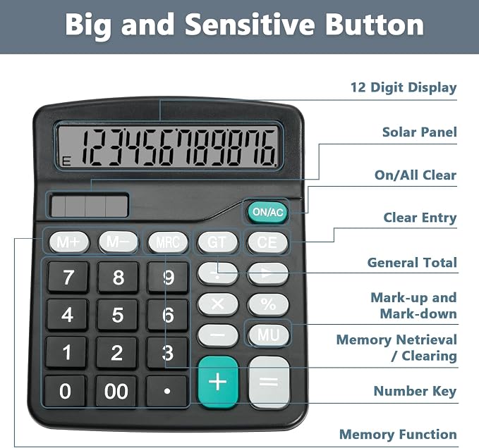 Desktop Calculator with Big Buttons, Dual Power Source, Solar and Battery - Image 6