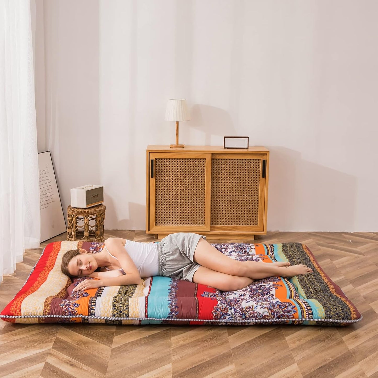 Bohemian Retro Floor Mattress Vintage Floral Japanese Futon Mattress Roll Up Thicken Sleeping Bed Portable Camping Mattress Floor Lounger Couch Bed Pad, Twin Size