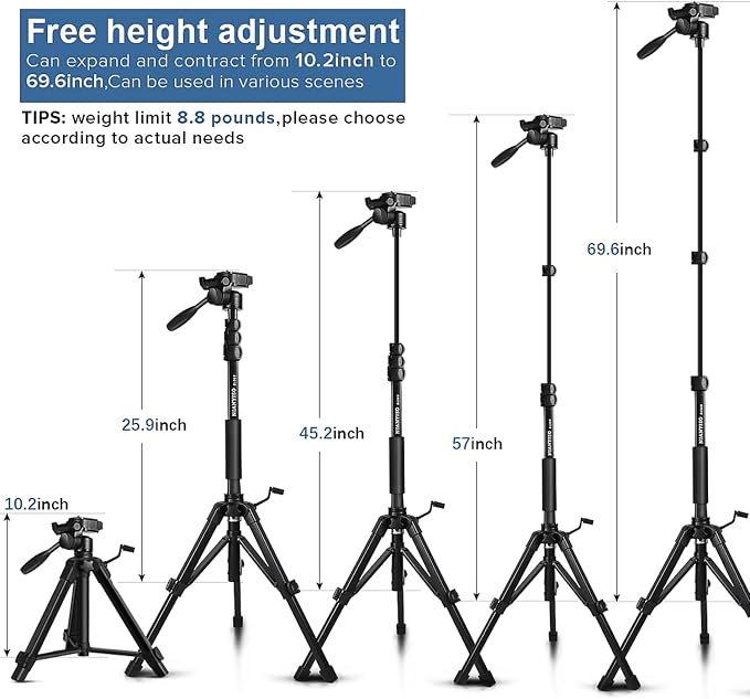 Camera Tripod 69 Inch, Patented 3-Way Swivel Portable Phone Tripod Professional - Image 7