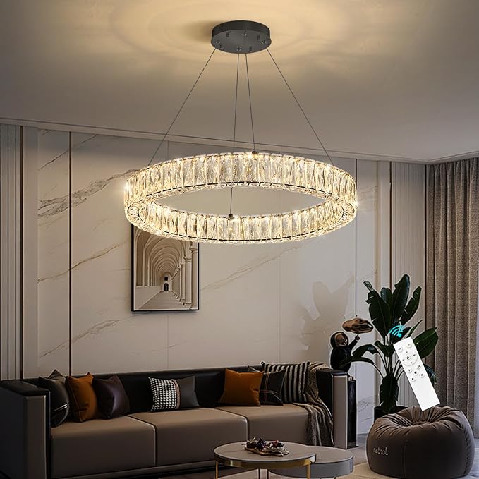 HAIXIANG Modern Crystal Chandelier Dimmable LED Ring Pendant Lights Adjustable - Image 8