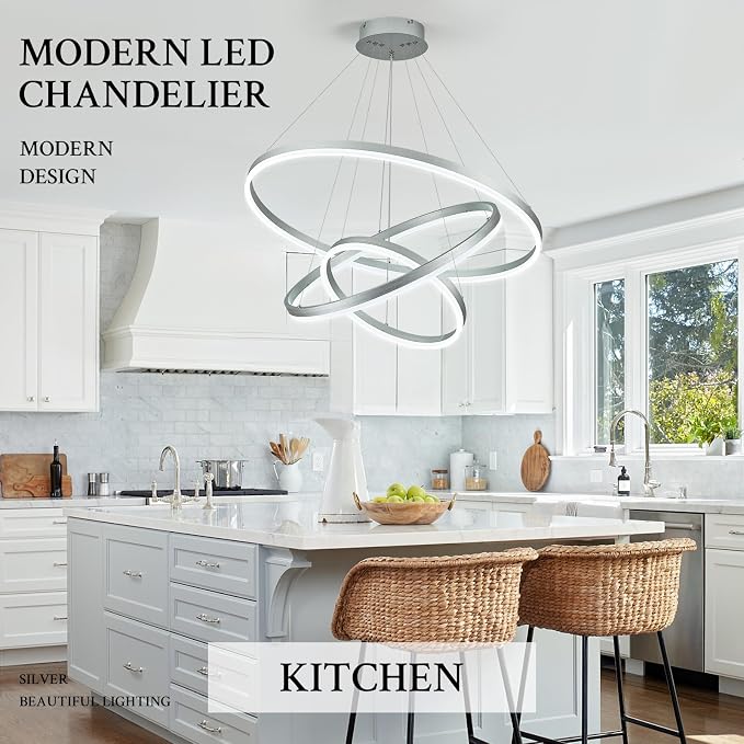 3-Rings Modern LED Chandelier Silver, Dimmable Pendant Lighting - Image 9