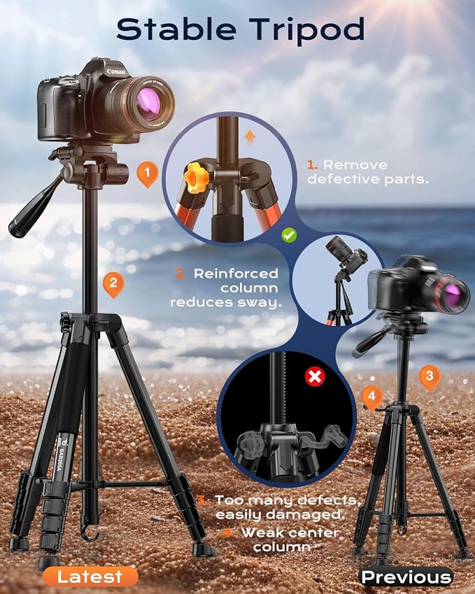 73" Camera Tripod for Camera and Phone, Aluminum Travel Tripod for iPhone - Image 2