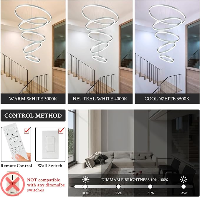 5-Rings D31.5in Modern LED Chandelier Silver Dimmable High Ceiling Chandeliers - Image 2